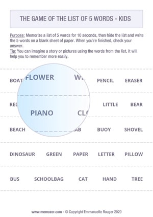 Printable memory game - List of 5 words for kids - Free Printable memory game - List of 5 words for kids - Free