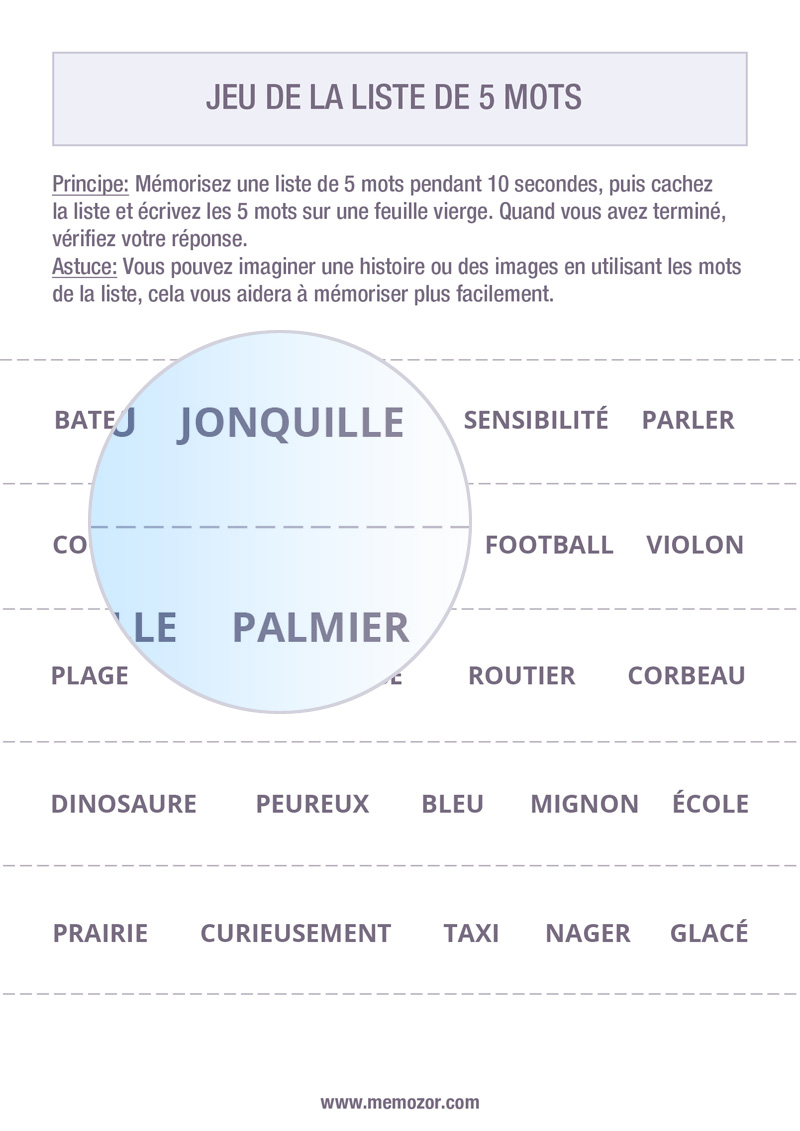 Jeu de mémoire à imprimer Listes de 5 mots Memozor