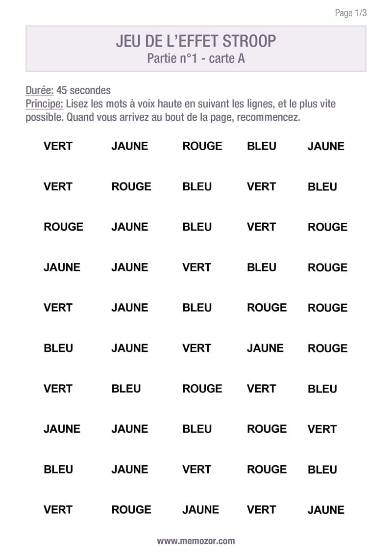 Test de Stroop à imprimer (pdf) - Liste de couleurs et mots | Memozor