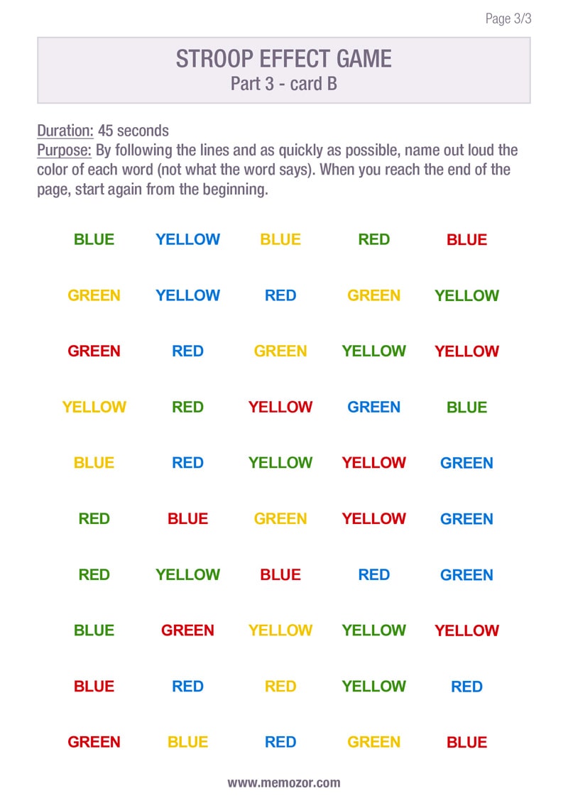 Stroop test printable (pdf) List of words and colors Memozor