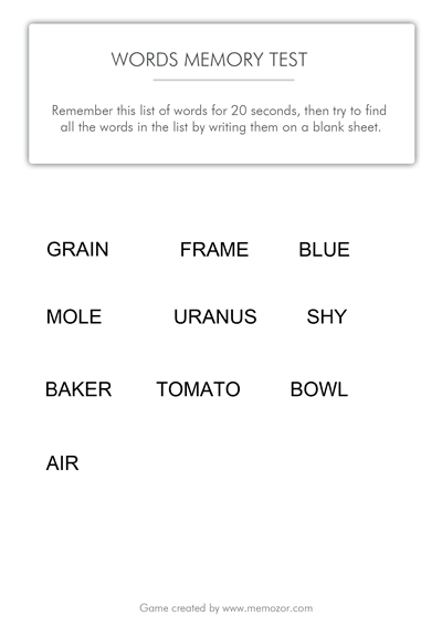 Printable memory test - words (list 2) - Free test! | Memozor