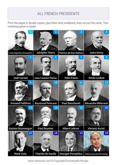 Printable cards of the French Presidents
