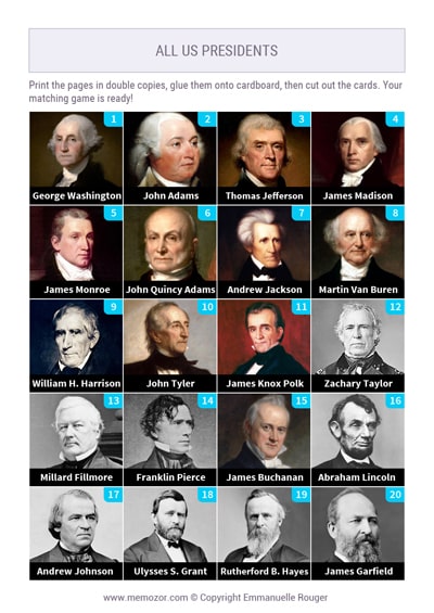 Printable numbered cards of the US Presidents