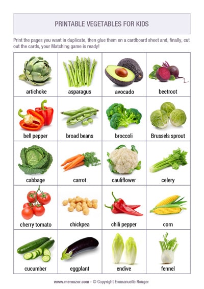 fruits and vegetables list for kids