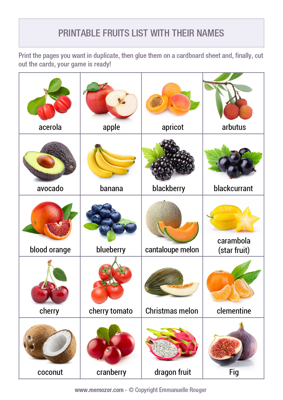 List of 50 Fruits with Names and Pictures - Printable | Memozor