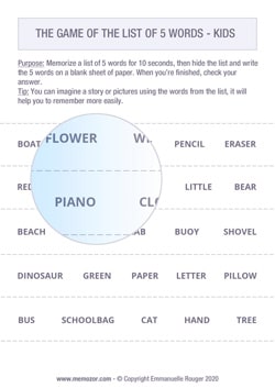 Memory game - List of 5 words to print for kids Memory game - List of 5 words to print for kids