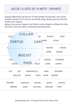 Jeu de mémoire -  Listes de 10 mots à imprimer pour enfants Jeu de mémoire -  Listes de 10 mots à imprimer pour enfants