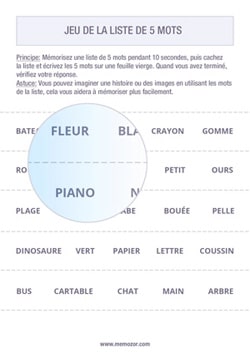 Jeu de mémoire - Listes de 5 mots à imprimer pour enfants Jeu de mémoire - Listes de 5 mots à imprimer pour enfants
