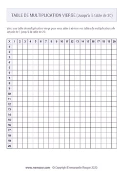 Tableau de multiplication vierge (de 1 à 20) à Imprimer - Gratuit