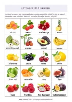 Cartes Fruits avec noms et images à imprimer