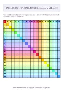Tableau de multiplication vierge Arc-en-ciel (de 1 à 20) à Imprimer - Gratuit