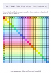 Tableau de multiplication vierge Arc-en-ciel (de 1 à 20) à Imprimer - Gratuit