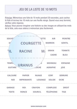 Jeu de mémoire - Listes de 10 mots à imprimer Jeu de mémoire - Listes de 10 mots à imprimer