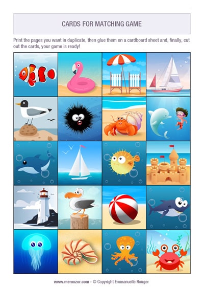 Printable matching game for kids- beach