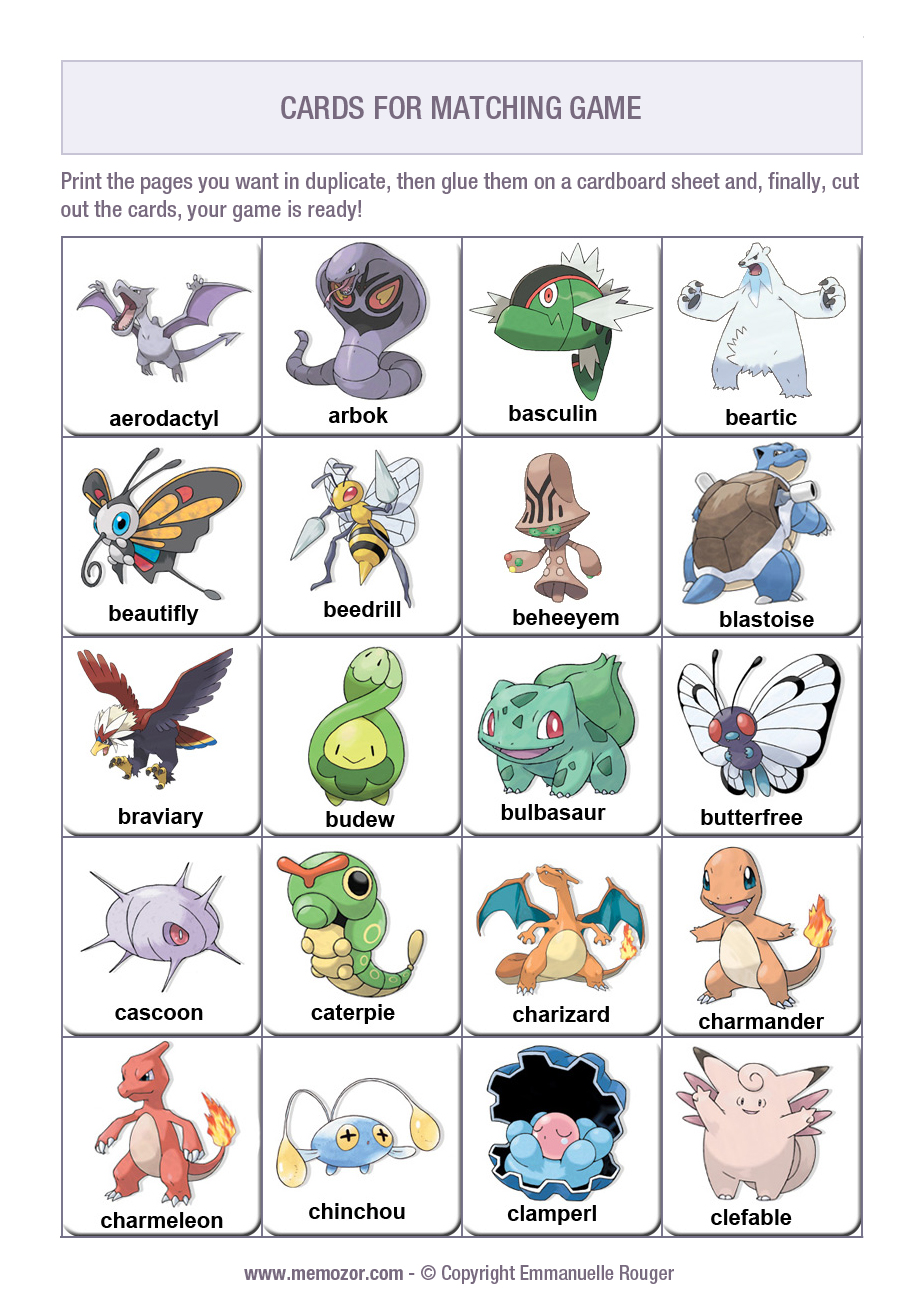 Printable matching game for kids Pokemons (1) Print and cut out the