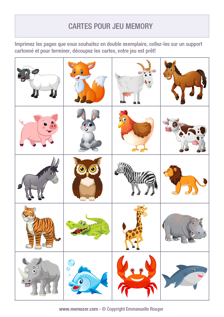 Jeu De Mémoire Gratuit à Imprimer Jeu Memory à imprimer - Cartes Animaux - Gratuit | Memozor