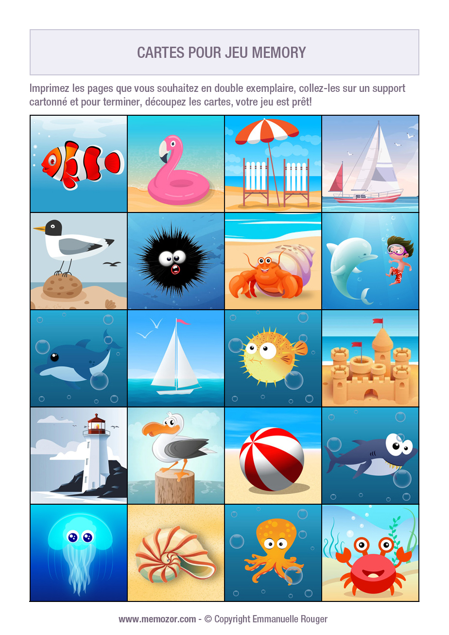 Jeu De Mémoire Gratuit à Imprimer Jeu de memory à imprimer - plage - Imprimez et découpez les cartes | Memozor