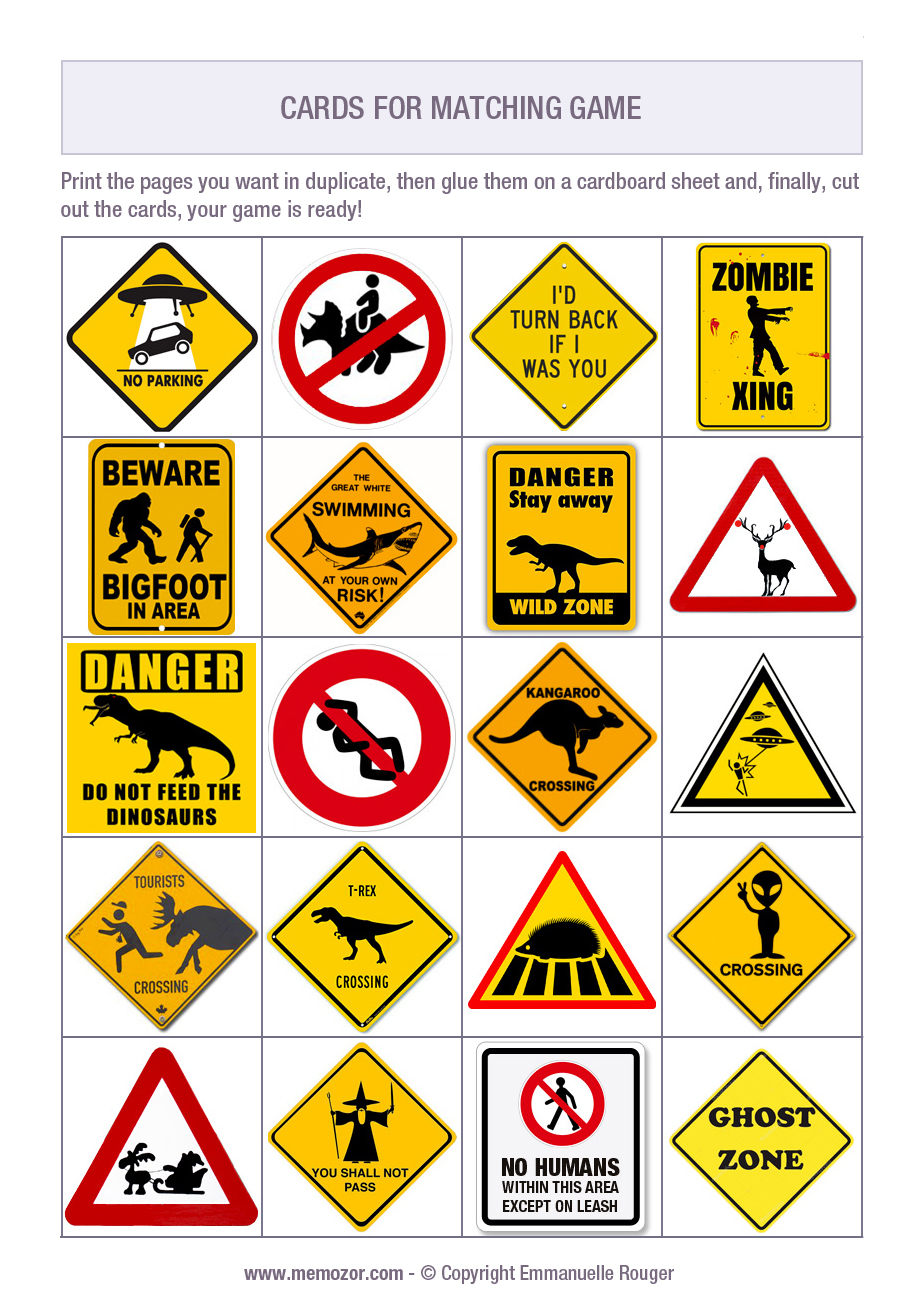 Printable Matching Game For Kids Funny Road Signs Print And Cut Out 