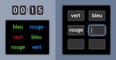 Jeu de mémoire - liste de mots colorés sur fond noir